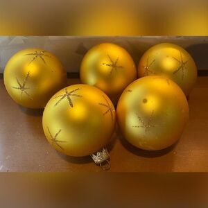 Gold Glass Christmas Baubles Set Of 5 Medium Glitter Starburst Decor